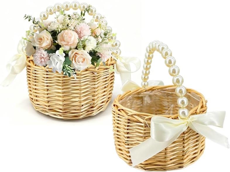Wicker Rattan Flower Girl Basket with Bows,Pearl Handle Flower Basket,Wedding Flower Girl Basket and Home Decorations. 1