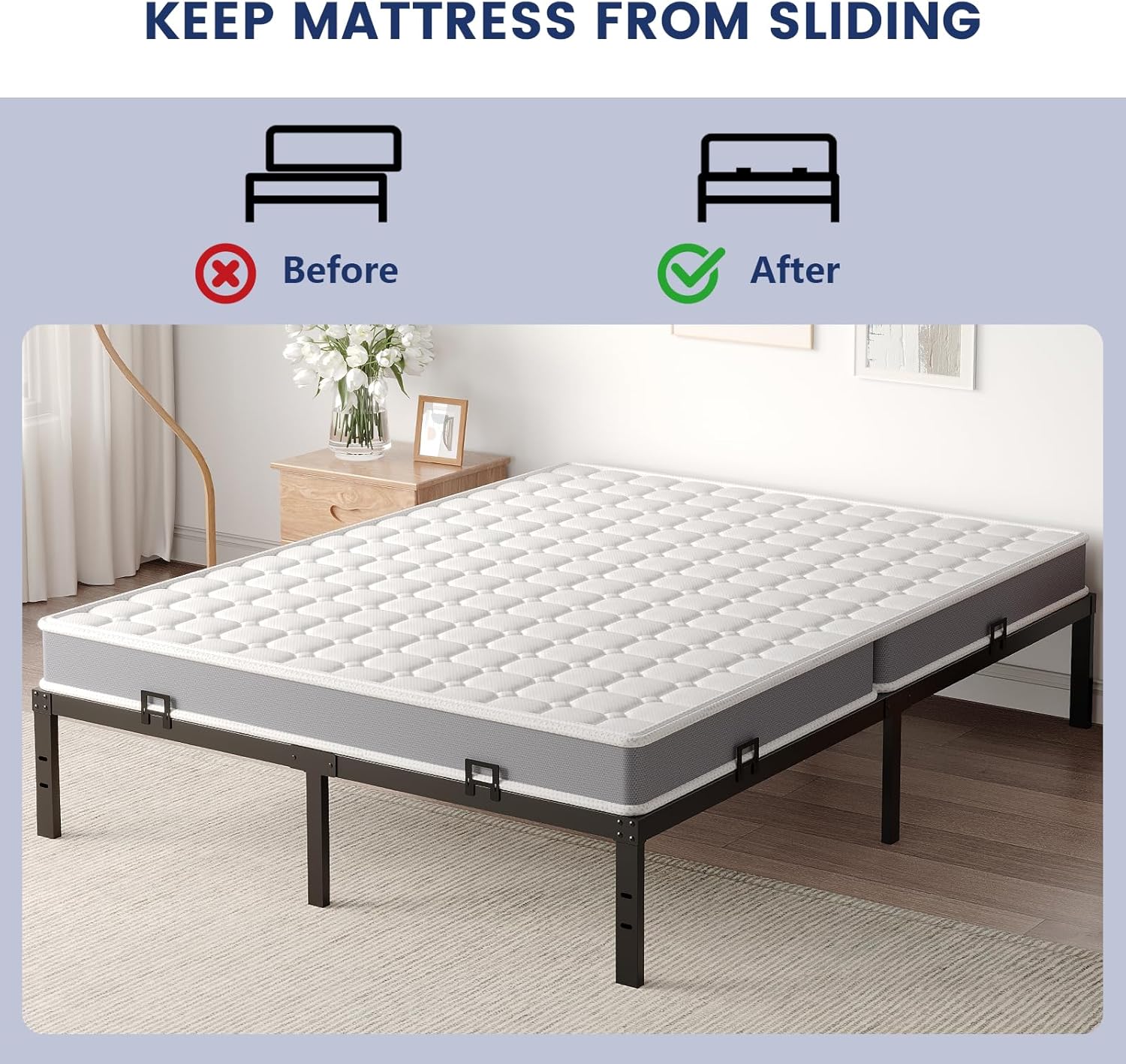 Non Slip Mattress Gaskets for Metal Bed Frame, Mattress Holder in Place Gripper, Adjustable Mattress Retainer Bar, Keep Mattress from Sliding Gripper, 4 PCS, Black