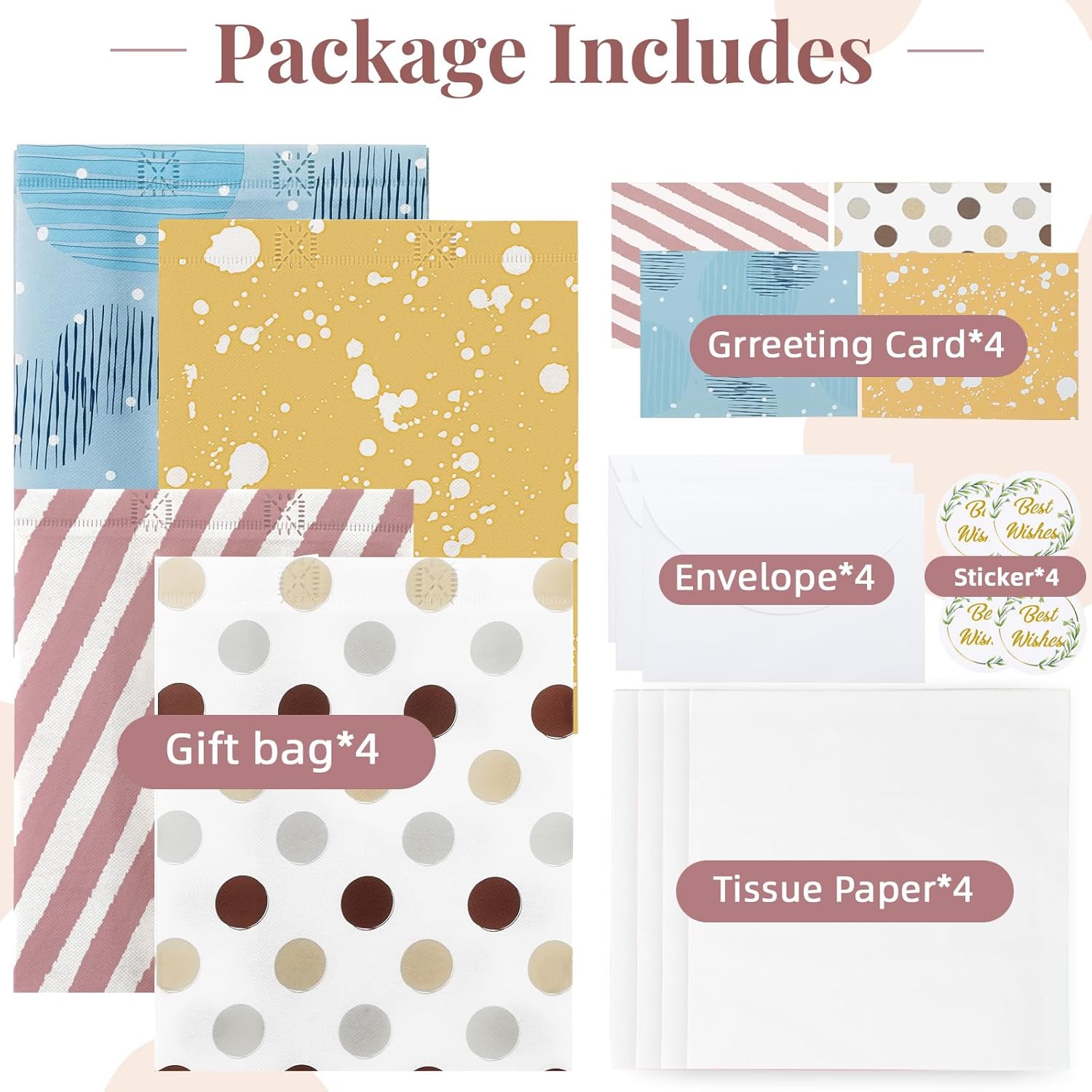 10" Gift Bags Medium Size 4 Pack - Includes Tissue Paper & Cards, Reusable Non-Woven Gift Bags with handles, Perfect for Birthday, Wedding, Baby Shower, Party, Holiday, 10" x 8" x 4"