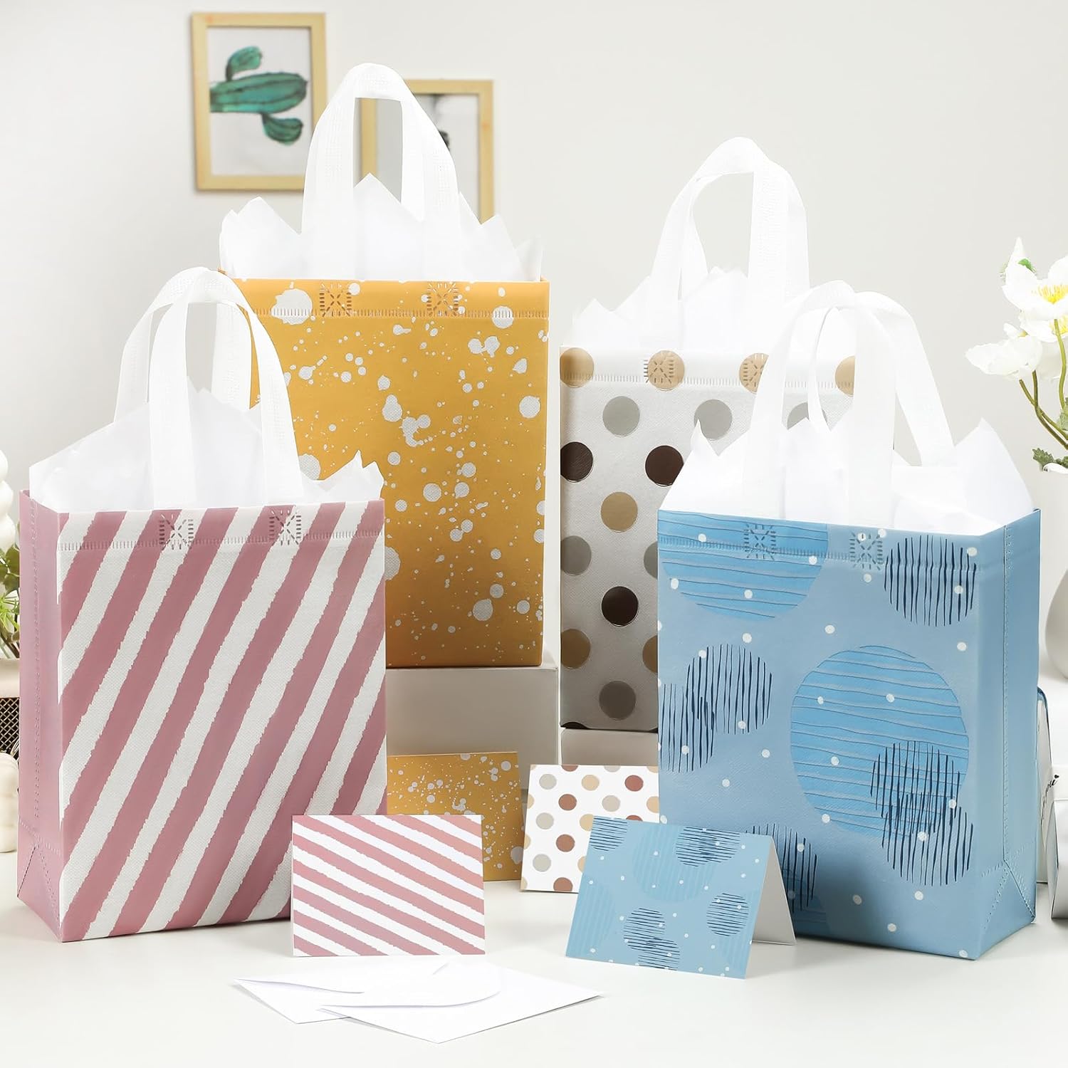 10" Gift Bags Medium Size 4 Pack - Includes Tissue Paper & Cards, Reusable Non-Woven Gift Bags with handles, Perfect for Birthday, Wedding, Baby Shower, Party, Holiday, 10" x 8" x 4"