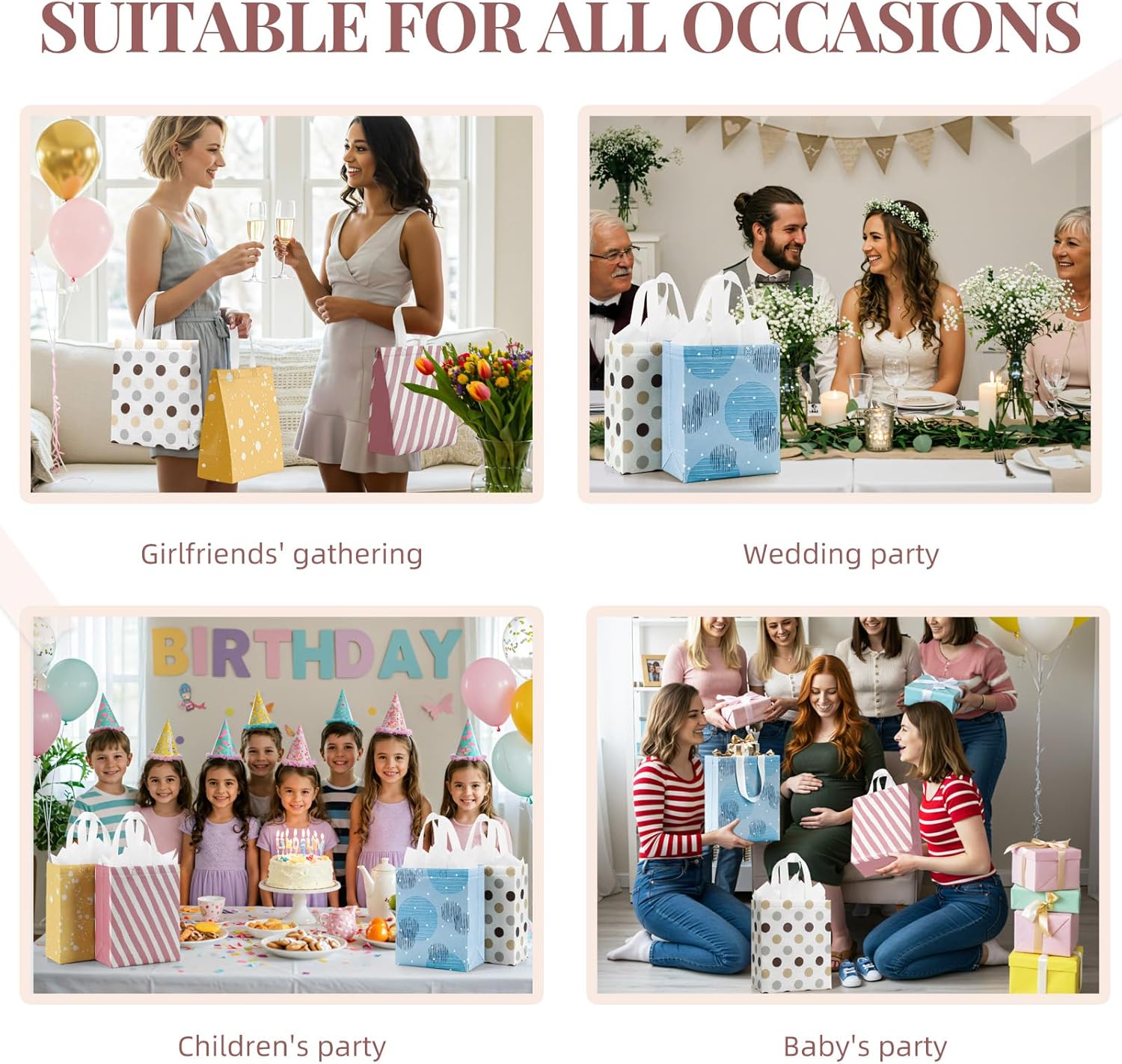 10" Gift Bags Medium Size 4 Pack - Includes Tissue Paper & Cards, Reusable Non-Woven Gift Bags with handles, Perfect for Birthday, Wedding, Baby Shower, Party, Holiday, 10" x 8" x 4"