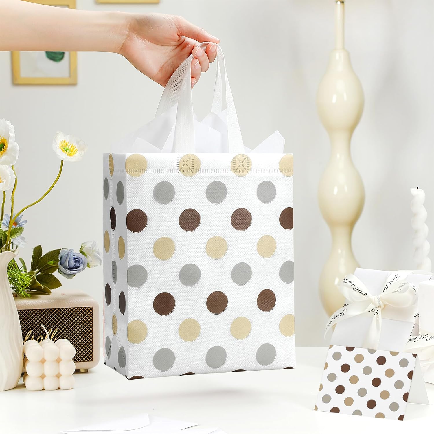 10" Gift Bags Medium Size 4 Pack - Includes Tissue Paper & Cards, Reusable Non-Woven Gift Bags with handles, Perfect for Birthday, Wedding, Baby Shower, Party, Holiday, 10" x 8" x 4"