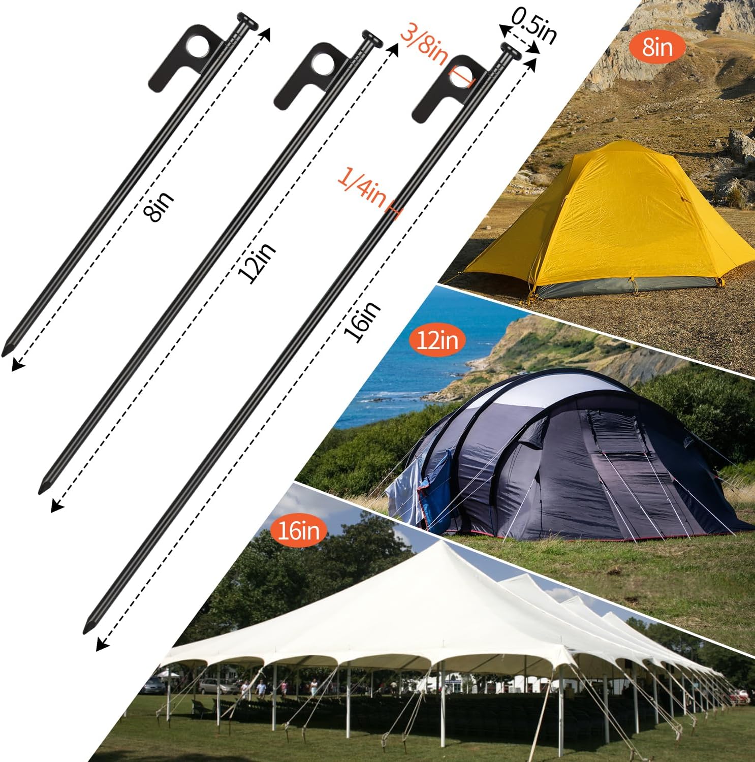 8 Pack 8in Heavy Duty Forged Steel Tent Stakes and Hammer Set, with Storage Pouch, Available in Rocky Place