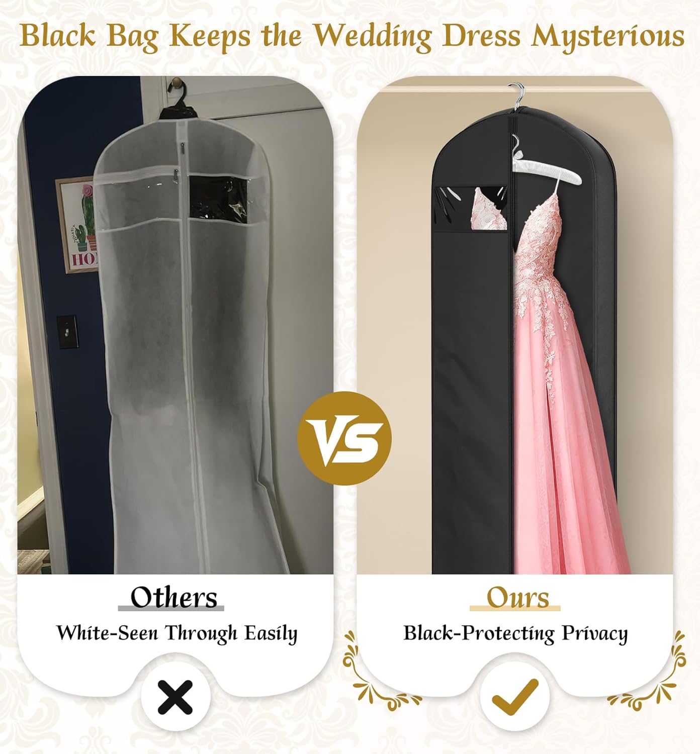 72" Wedding Dress Garment Bag for Travel with 4" Gusseted Long Hanging Dress Bags for Gowns for Women Garment Cover Clothes Storage for Closet, Black