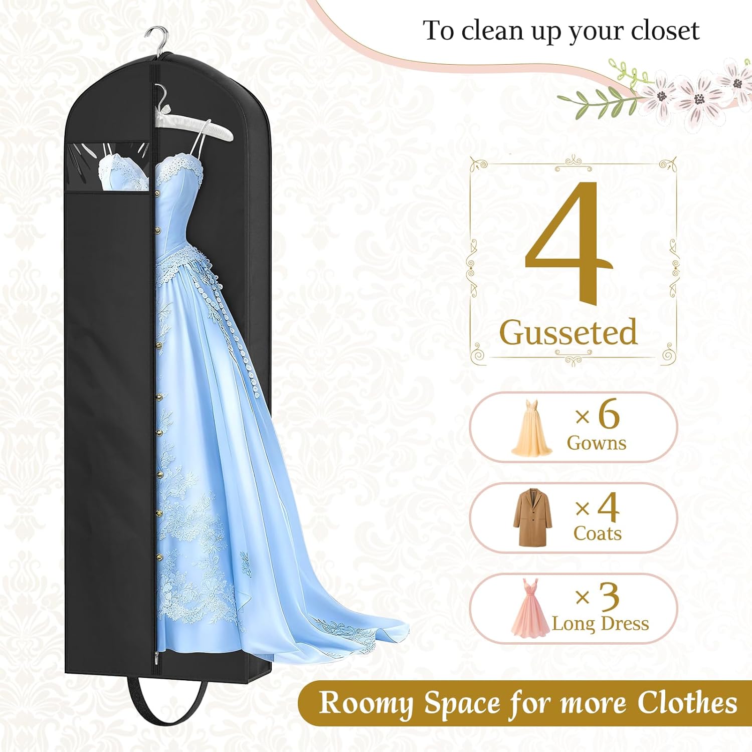 72" Wedding Dress Garment Bag for Travel with 4" Gusseted Long Hanging Dress Bags for Gowns for Women Garment Cover Clothes Storage for Closet, Black
