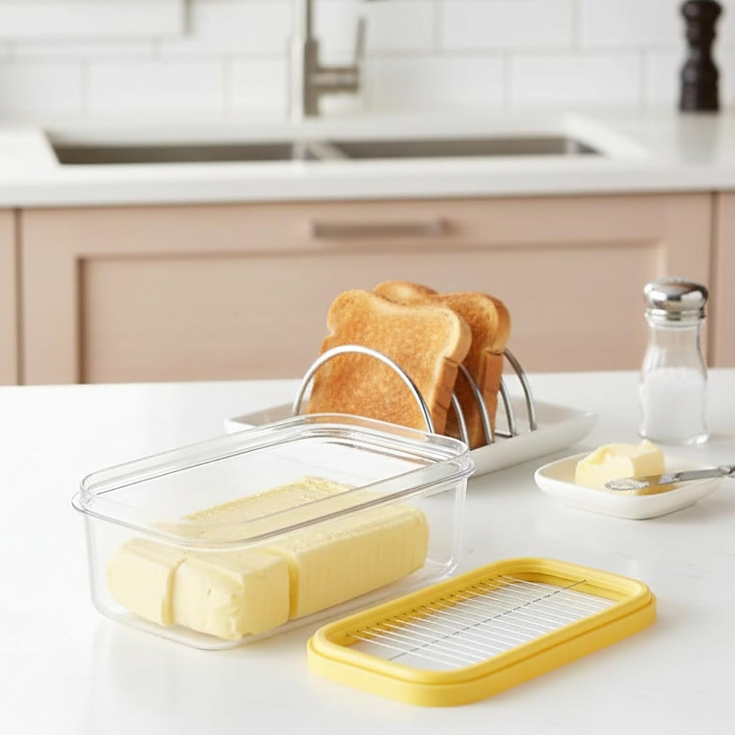 Butter Slicer Cutter with Storage Container, Stick Butter Dish with Lid for Fridge, Easy Cutting Two 4oz Sticks Not Airtight, Small