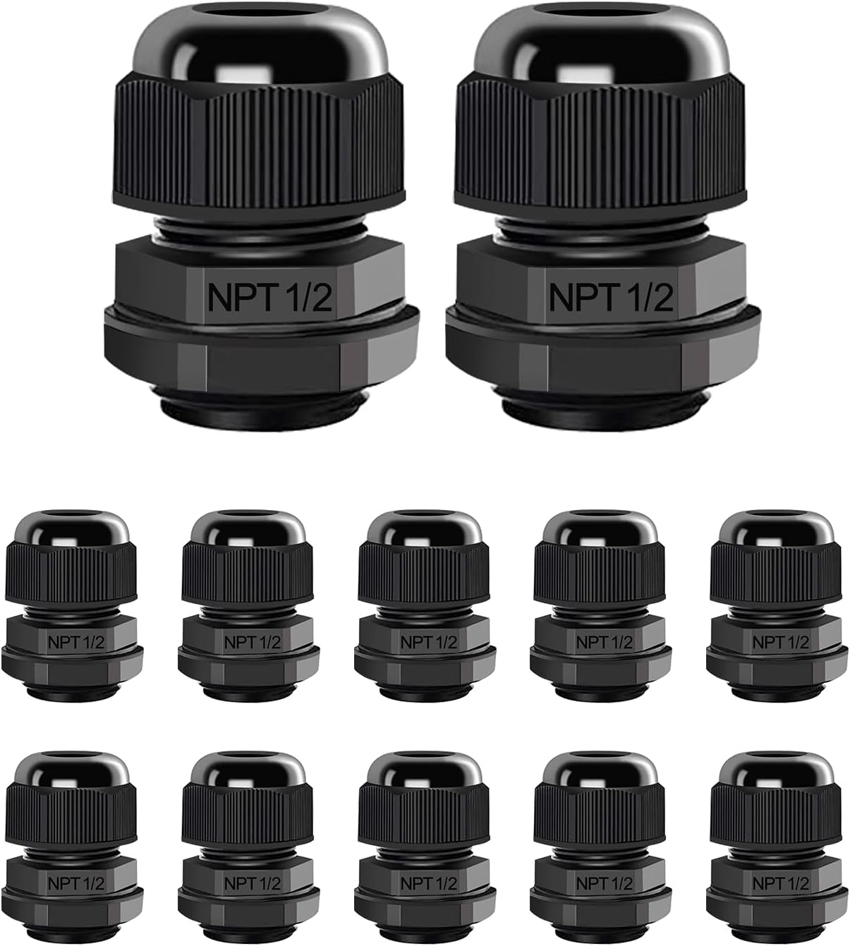 12 Pcs 1/2" NPT Cable Glands Nylon PA66, IP68 Waterproof Adjustable Power Strain Relief Cord Grips, Junction Box Wire Gland Grip Connectors with Gaskets and Locknut, Black
