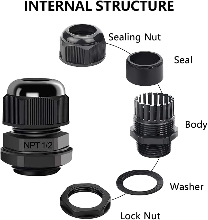 12 Pcs 1/2" NPT Cable Glands Nylon PA66, IP68 Waterproof Adjustable Power Strain Relief Cord Grips, Junction Box Wire Gland Grip Connectors with Gaskets and Locknut, Black