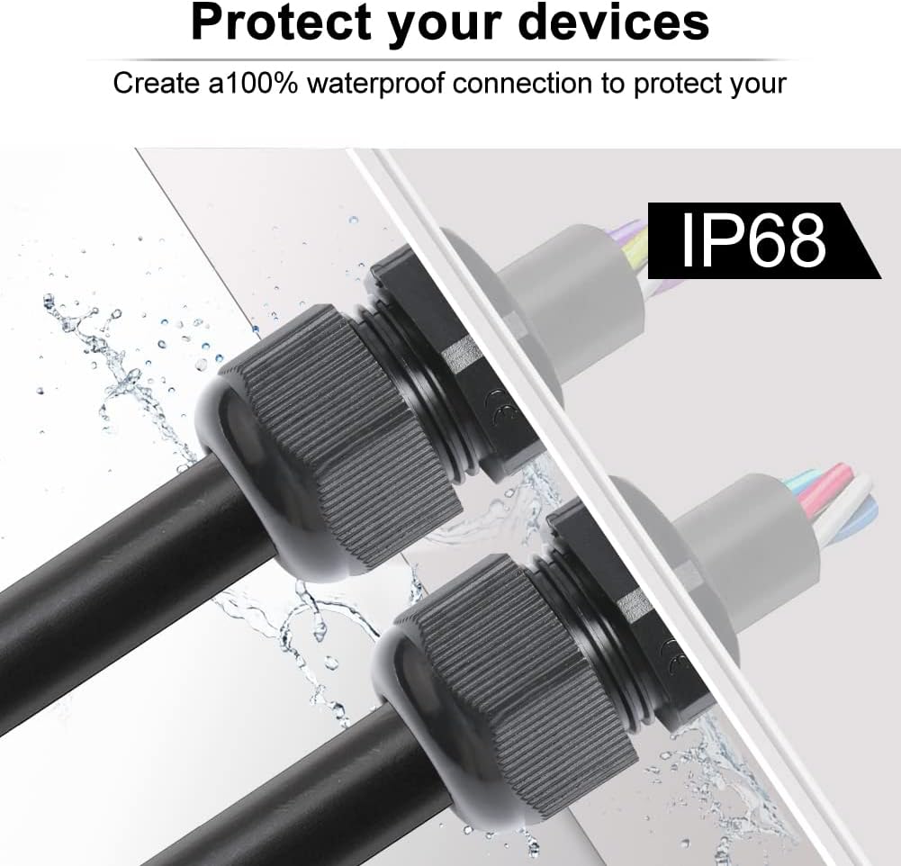 12 Pcs 1/2" NPT Cable Glands Nylon PA66, IP68 Waterproof Adjustable Power Strain Relief Cord Grips, Junction Box Wire Gland Grip Connectors with Gaskets and Locknut, Black