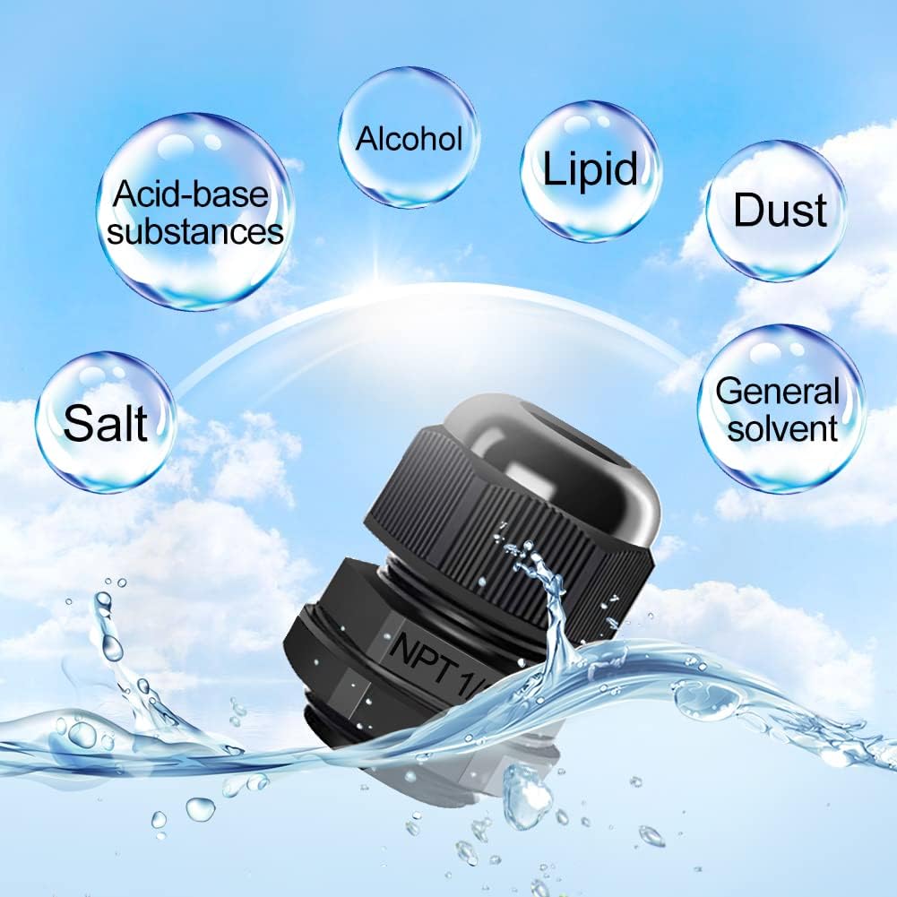 12 Pcs 1/2" NPT Cable Glands Nylon PA66, IP68 Waterproof Adjustable Power Strain Relief Cord Grips, Junction Box Wire Gland Grip Connectors with Gaskets and Locknut, Black