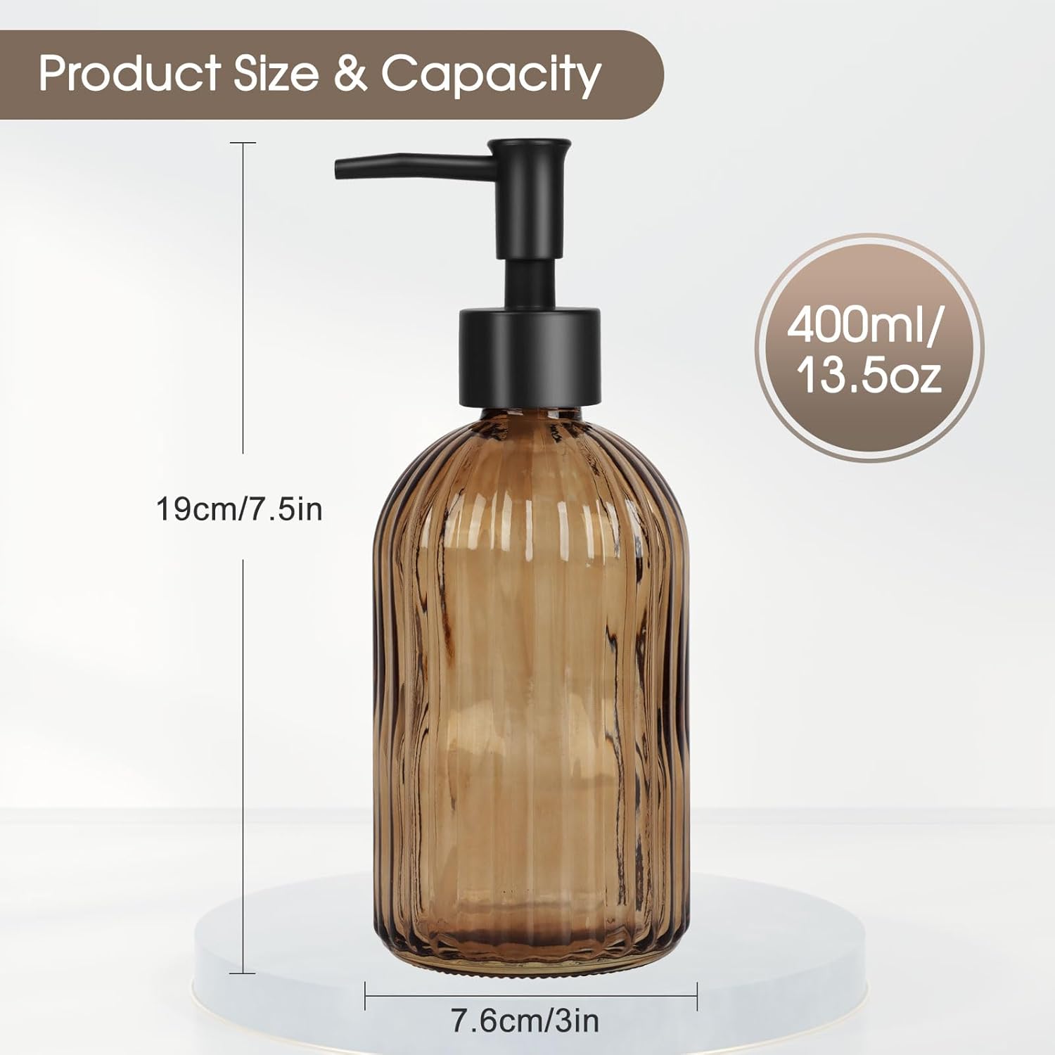 13.5oz Stripe Glass Soap Dispenser with Black Plastic Pump, 400ml Liquid Hand Soap Dispenser, Rustproof Pump for Kitchen & Bathroom, Great for Lotions, Essential Oil, Liquid Soaps-Amber