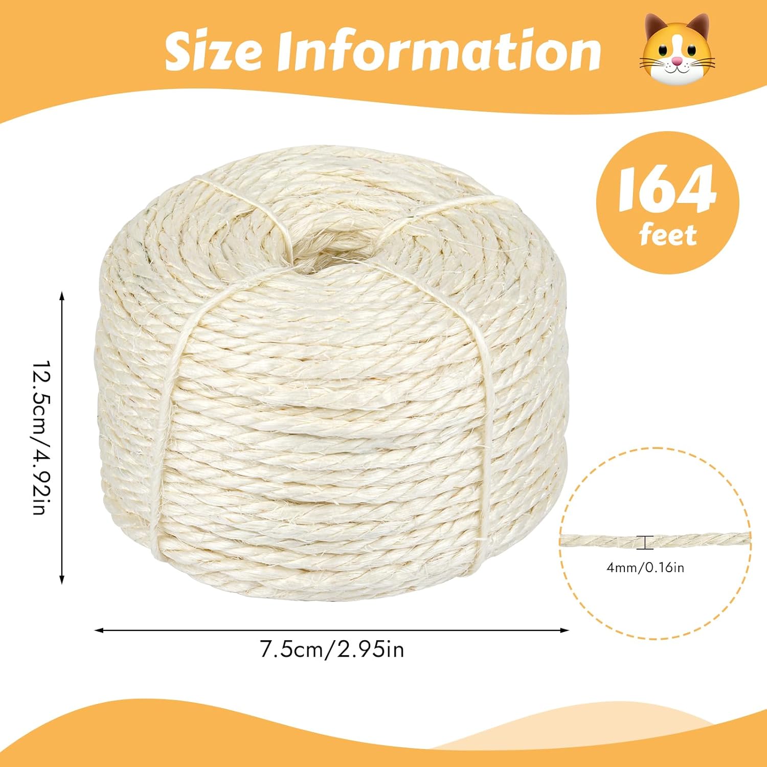 164 Feet Sisal Rope for Cat Scratching Post, 1/6 Inch Natural Cat Tree Rope, DIY Hemp Twine Rope for Repairing, Recovering Scratch Post Cats Tree Tower Replacement White