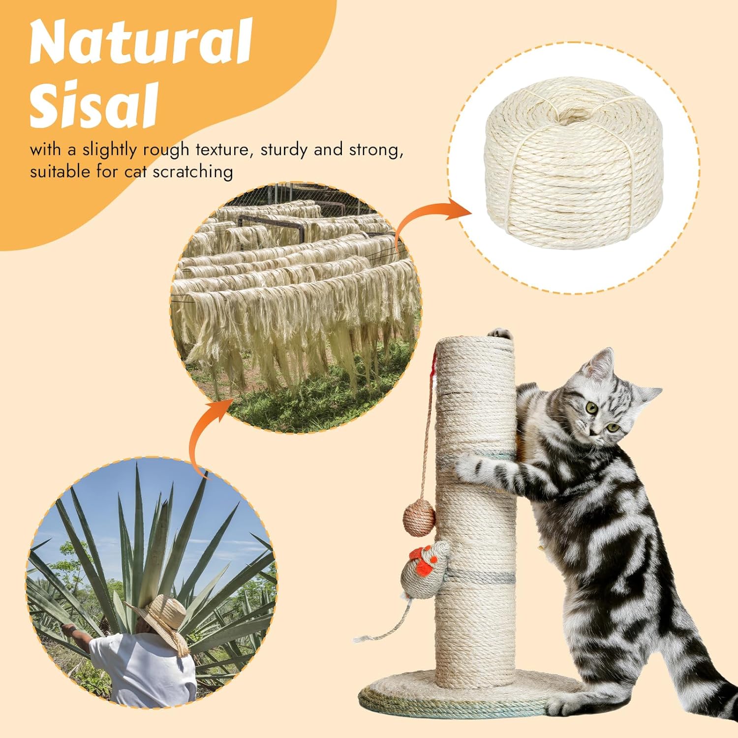 164 Feet Sisal Rope for Cat Scratching Post, 1/6 Inch Natural Cat Tree Rope, DIY Hemp Twine Rope for Repairing, Recovering Scratch Post Cats Tree Tower Replacement White