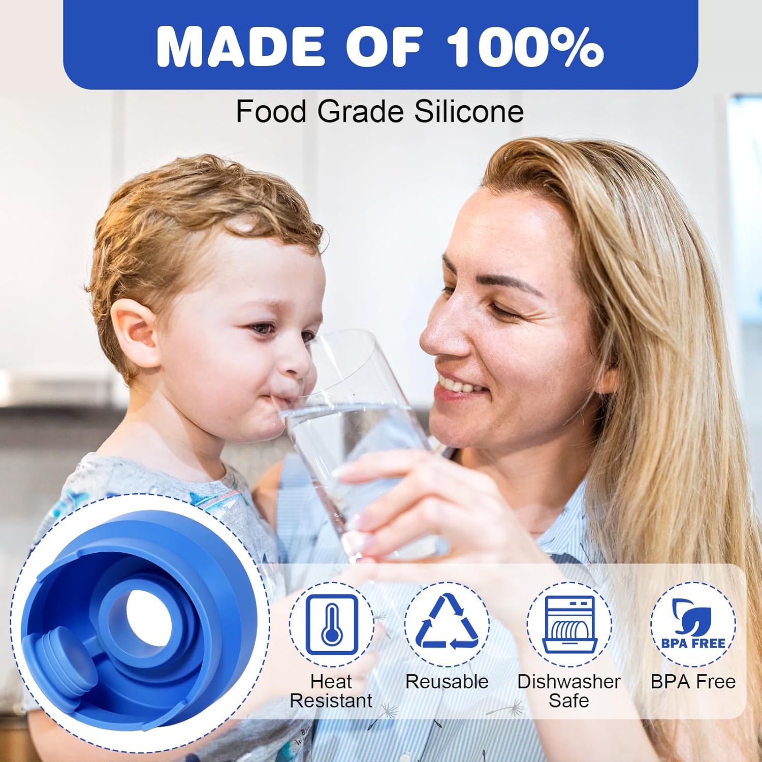 5 Pack 5 Gallon Water Jug Cap,Silicone Reusable Replacement Cap, Non Spill Bottle Caps for 55mm Bottle Water Dispenser Caps