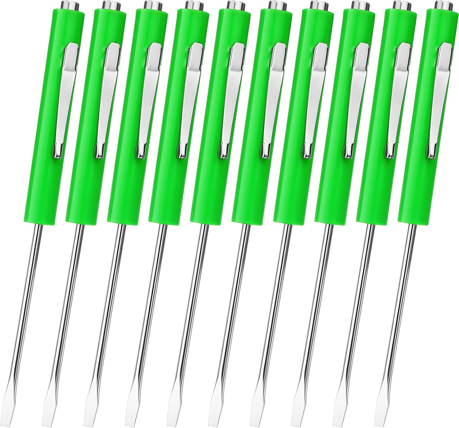 10 Pieces Pocket Screwdriver Mini Tops and Pocket Clips Magnetic Slotted Small Screw Driver with a Single Blade Head for Mechanical, Electrician Green