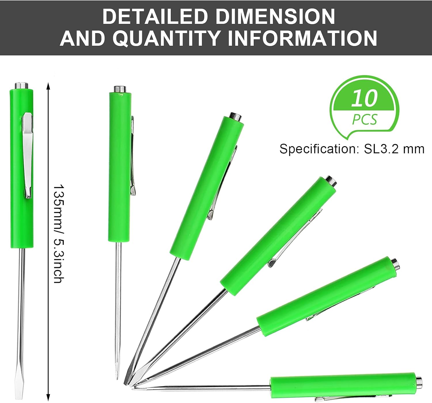 10 Pieces Pocket Screwdriver Mini Tops and Pocket Clips Magnetic Slotted Small Screw Driver with a Single Blade Head for Mechanical, Electrician Green