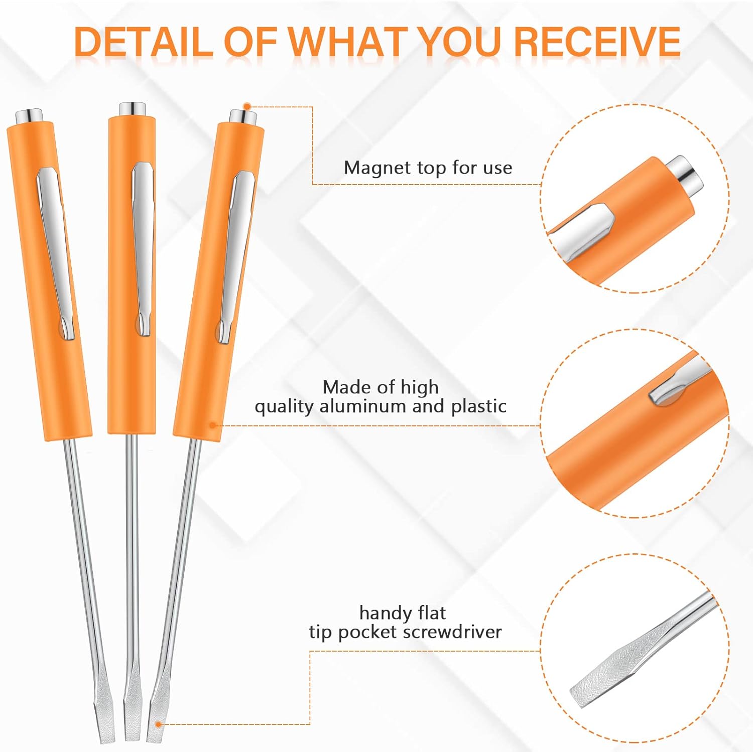 10 Pieces Pocket Screwdriver Mini Tops and Pocket Clips Magnetic Slotted Small Screw Driver with a Single Blade Head for Mechanical, Electrician Orange