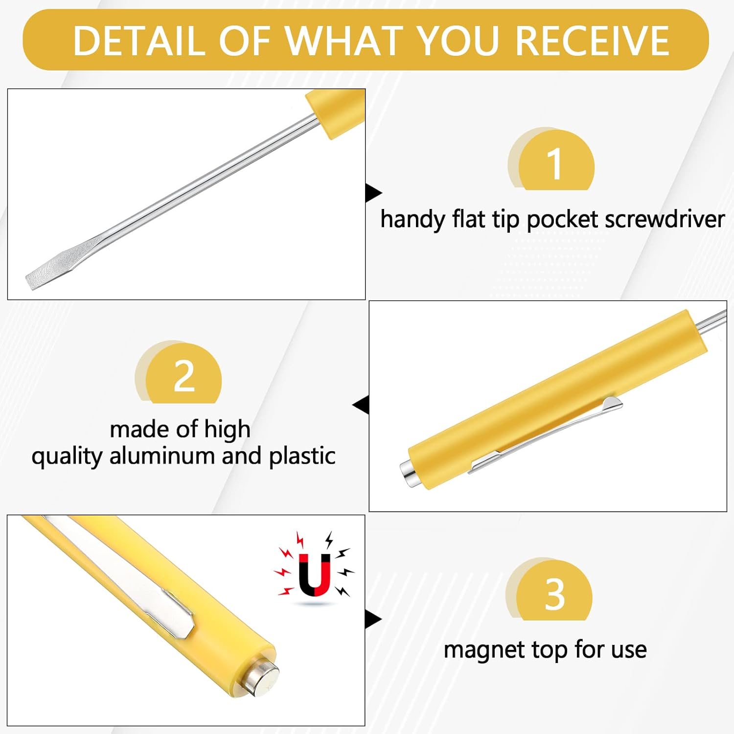 10 Pieces Pocket Screwdriver Mini Tops and Pocket Clips Magnetic Slotted Small Screw Driver with a Single Blade Head for Mechanical, Electrician Yellow