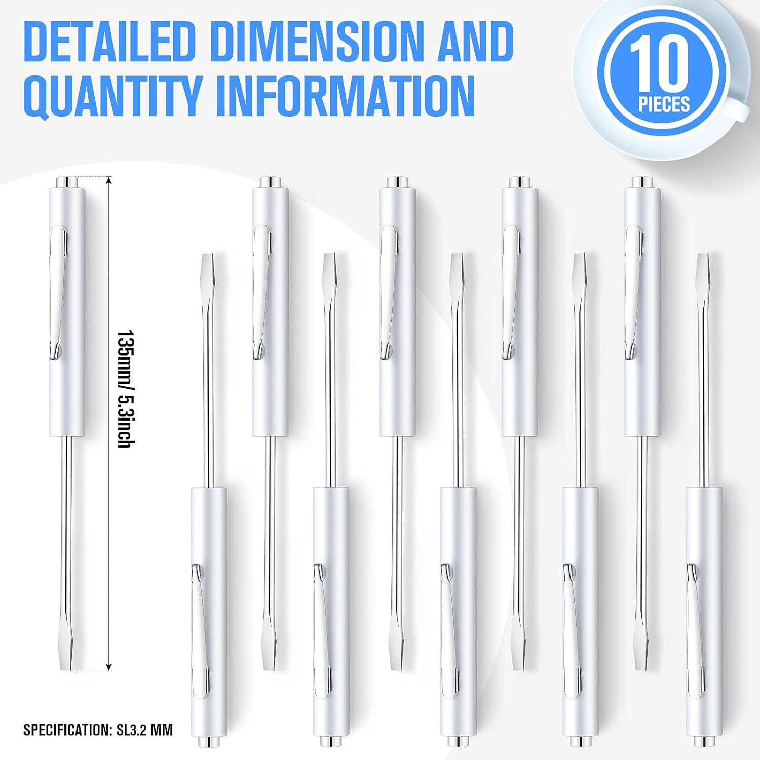 10 Pieces Pocket Screwdriver Mini Tops and Pocket Clips Magnetic Slotted Small Screw Driver with a Single Blade Head for Mechanical, Electrician White