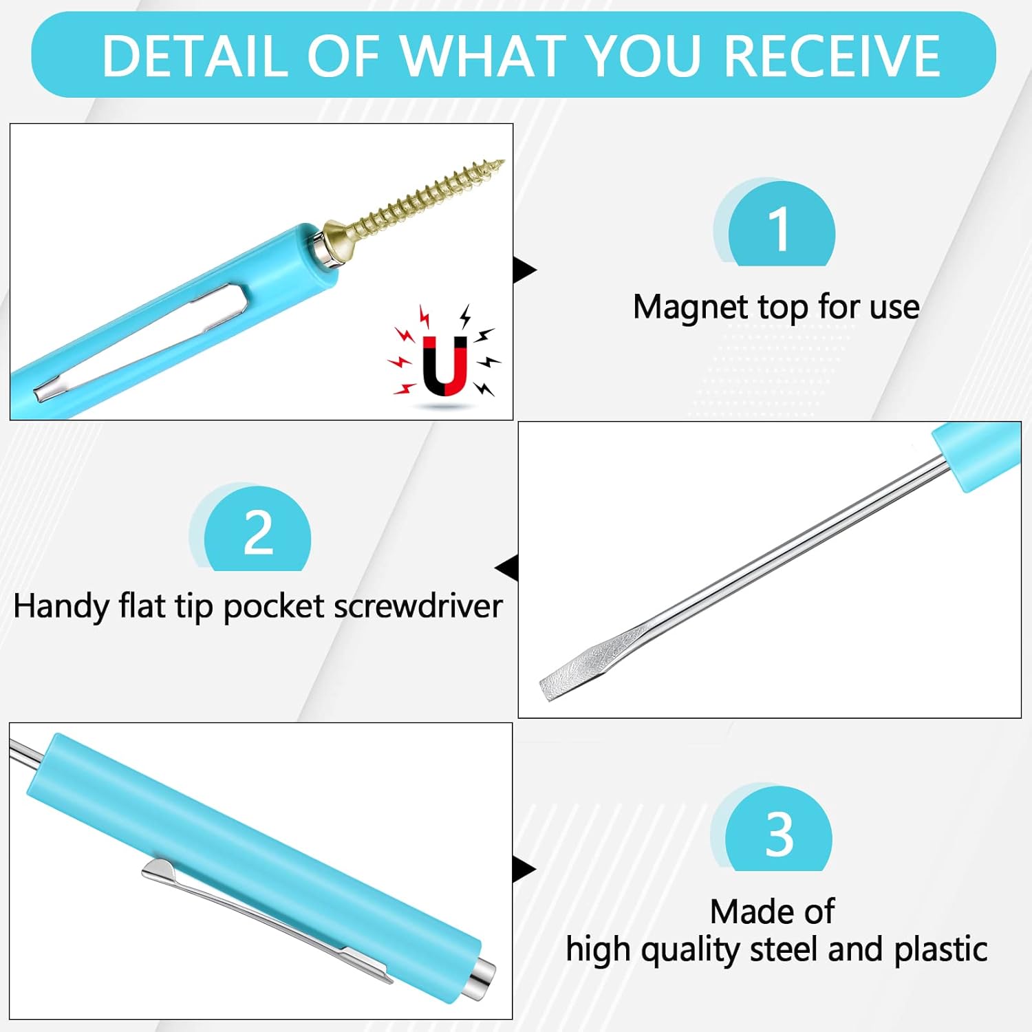 10 Pieces Pocket Screwdriver Mini Tops and Pocket Clips Magnetic Slotted Small Screw Driver with a Single Blade Head for Mechanical, Electrician Light Blue