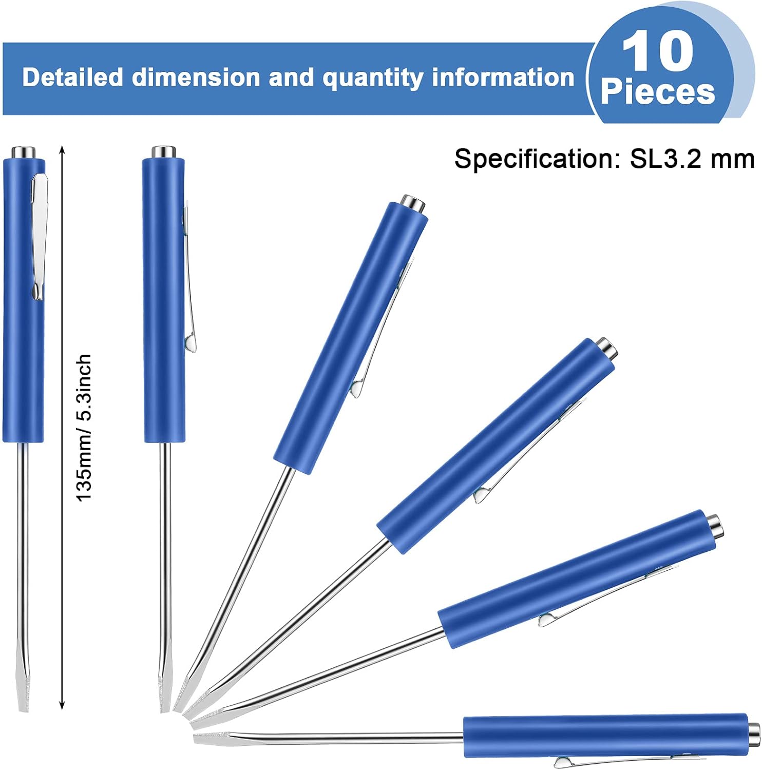 10 Pieces Pocket Screwdriver Mini Tops and Pocket Clips Magnetic Slotted Small Screw Driver with a Single Blade Head for Mechanical, Electrician Blue