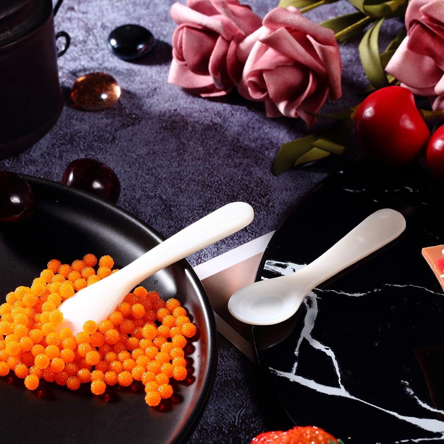 2 Pieces Set of Caviar Spoons Mother of Pearl Spoons with Handcraft Round Handle for Caviar, Egg, Ice Cream, Coffee, Kitchen, Restaurant for Serving Caviars 9cm/3.54 Inch