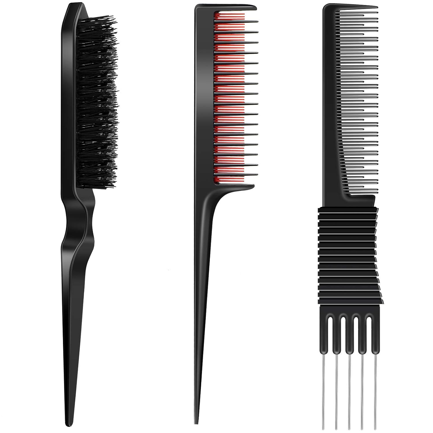 3 Pieces Pick Teasing Combs Hair Brush Set Includes Black Carbon Lift with Metal Prong, Triple Pin Rat Tail Comb, Nylon Bristle Hair Brush for Women Black and Red