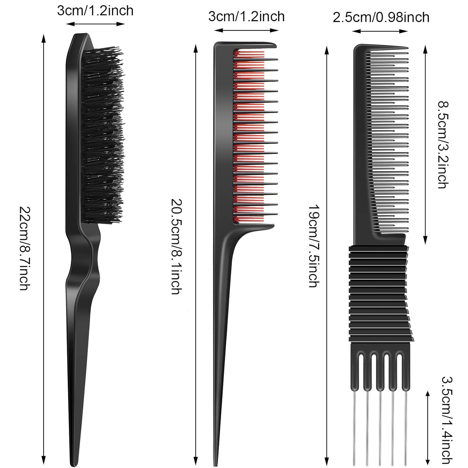 3 Pieces Pick Teasing Combs Hair Brush Set Includes Black Carbon Lift with Metal Prong, Triple Pin Rat Tail Comb, Nylon Bristle Hair Brush for Women Black and Red