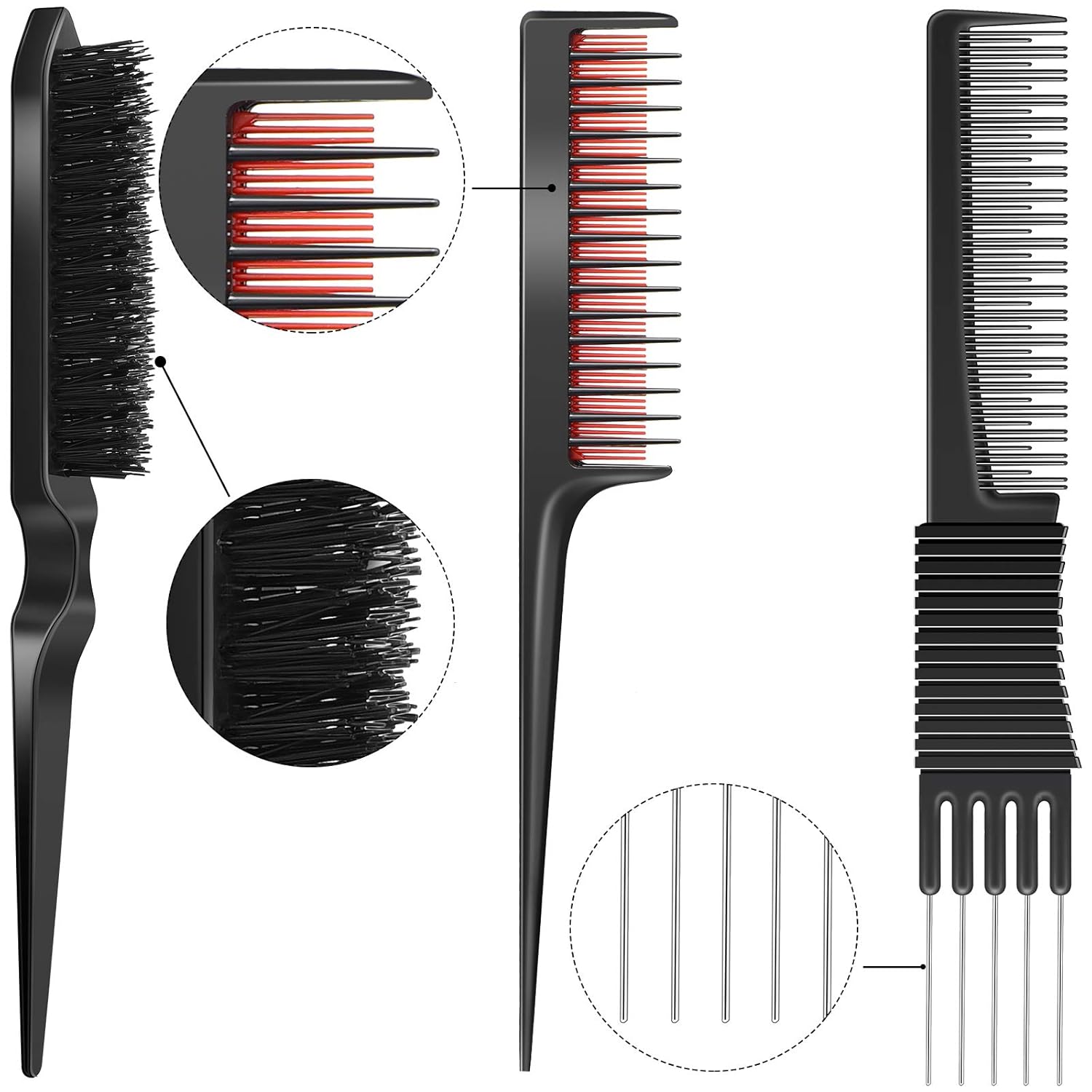 3 Pieces Pick Teasing Combs Hair Brush Set Includes Black Carbon Lift with Metal Prong, Triple Pin Rat Tail Comb, Nylon Bristle Hair Brush for Women Black and Red