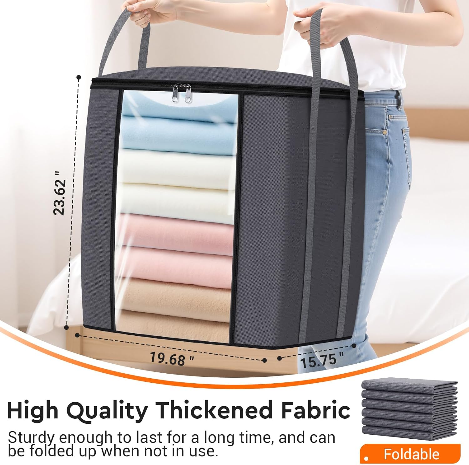 120L Extra Large Clothes Storage Bags, Foldable Blanket Storage and Organization, Thick Fabric Containers with Reinforced Handles & Zippers for Clothing, Comforters, Bedding, Gray, 1 Pack