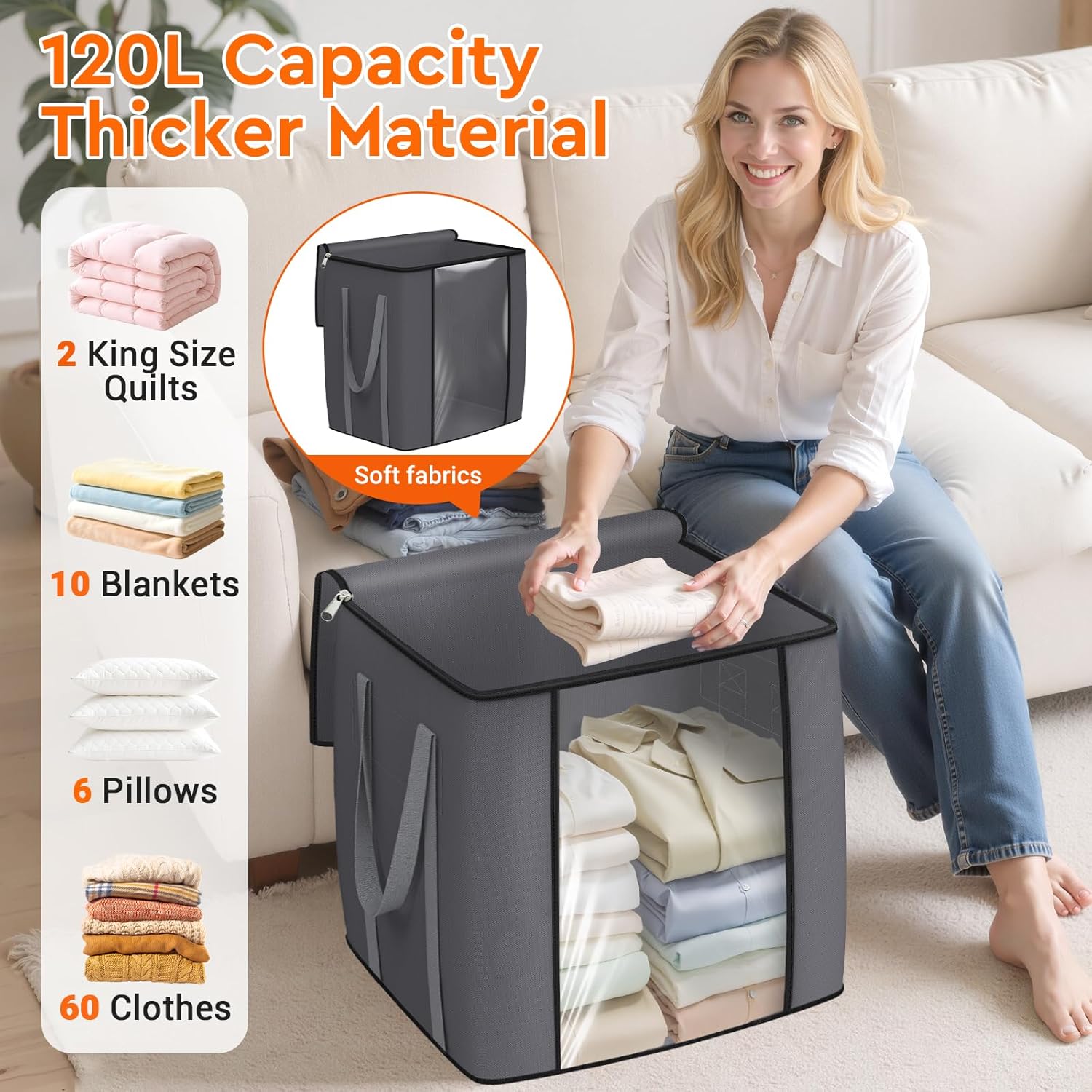 120L Extra Large Clothes Storage Bags, Foldable Blanket Storage and Organization, Thick Fabric Containers with Reinforced Handles & Zippers for Clothing, Comforters, Bedding, Gray, 1 Pack