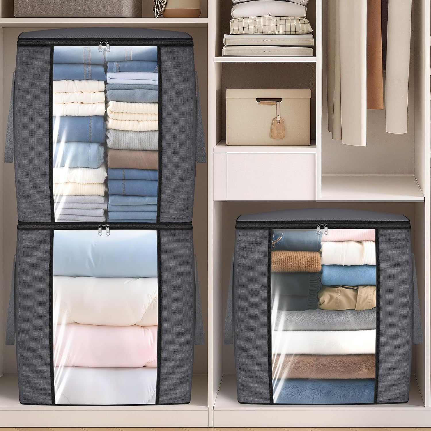 120L Extra Large Clothes Storage Bags, Foldable Blanket Storage and Organization, Thick Fabric Containers with Reinforced Handles & Zippers for Clothing, Comforters, Bedding, Gray, 1 Pack