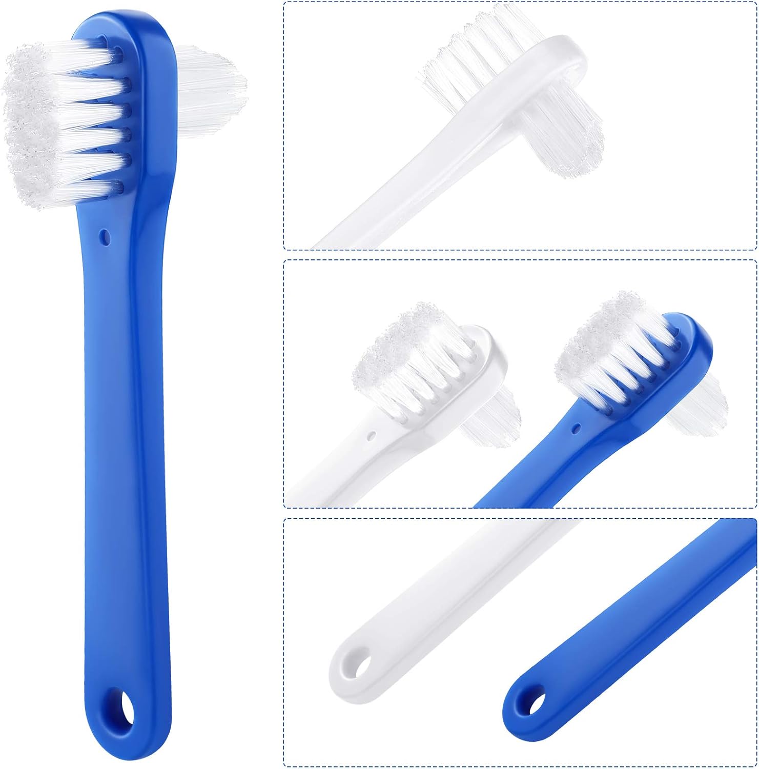 6 Pack Denture Cleaning Brush Dual Head Portable Denture Toothbrush Hard Double Sided Multi-Layered Bristles False Teeth Toothbrush for Care Clean Clear Brace Mouth Guard Blue White,Flat