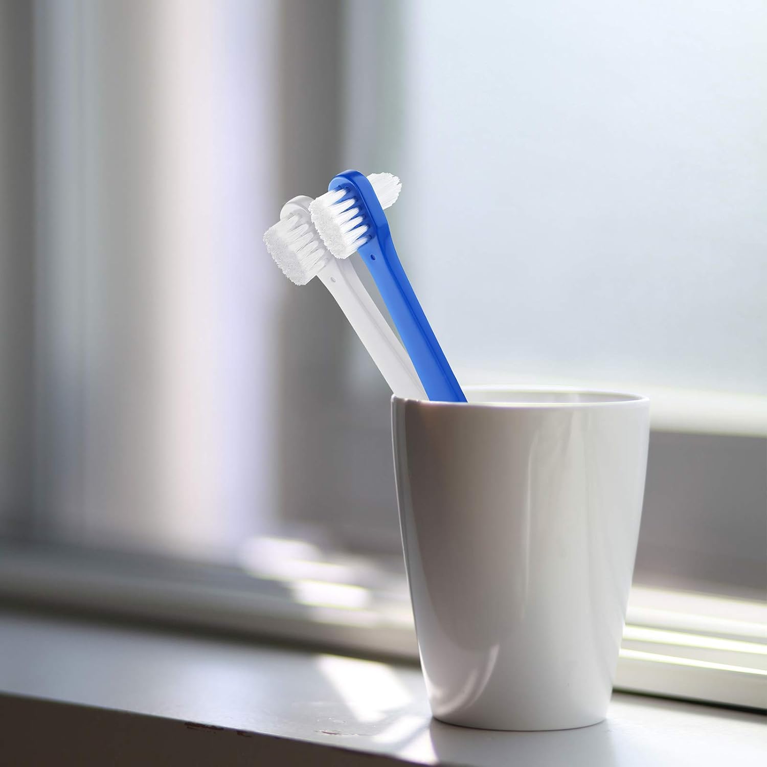 6 Pack Denture Cleaning Brush Dual Head Portable Denture Toothbrush Hard Double Sided Multi-Layered Bristles False Teeth Toothbrush for Care Clean Clear Brace Mouth Guard Blue White,Flat