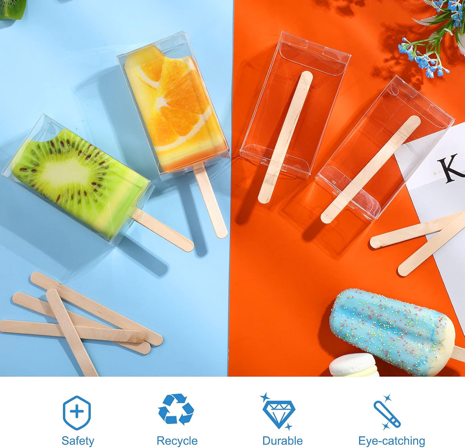 50 Pcs Ice Cream Cakesicle Boxes Set Include 25 Clear Pet Cake Boxes Plastic Candy Gift Bags and 25 Wooden Sticks Treat Boxes for DIY Baking Wedding Baby Shower Birthday Party