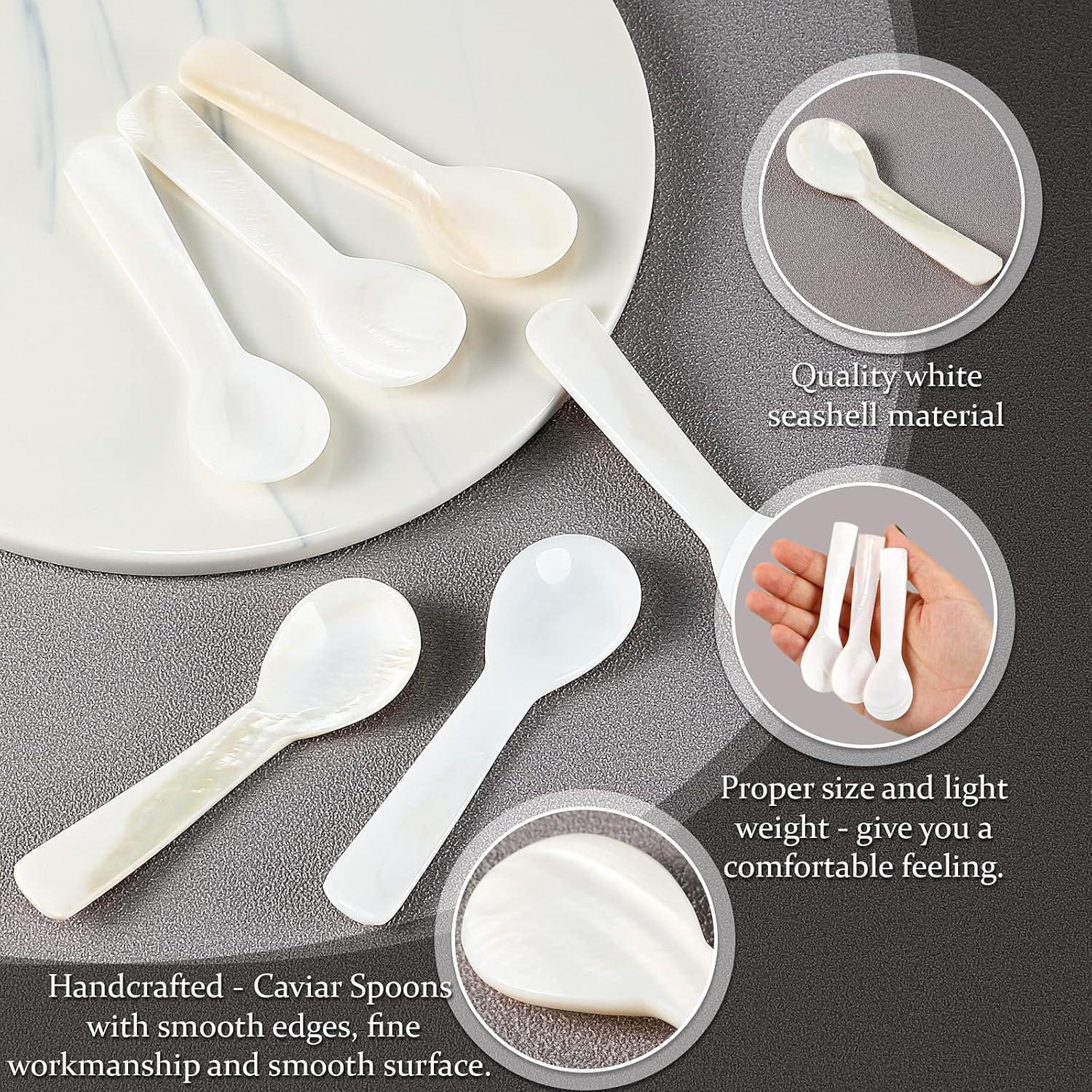 Caviar Spoons Mother of Pearl Mop Spoons with Hand Craft W Round Handle for Caviar, Egg, Ice Cream, Salt, Coffee Serving, Restaurant Serving Set 6 Pieces,3.55 Inch