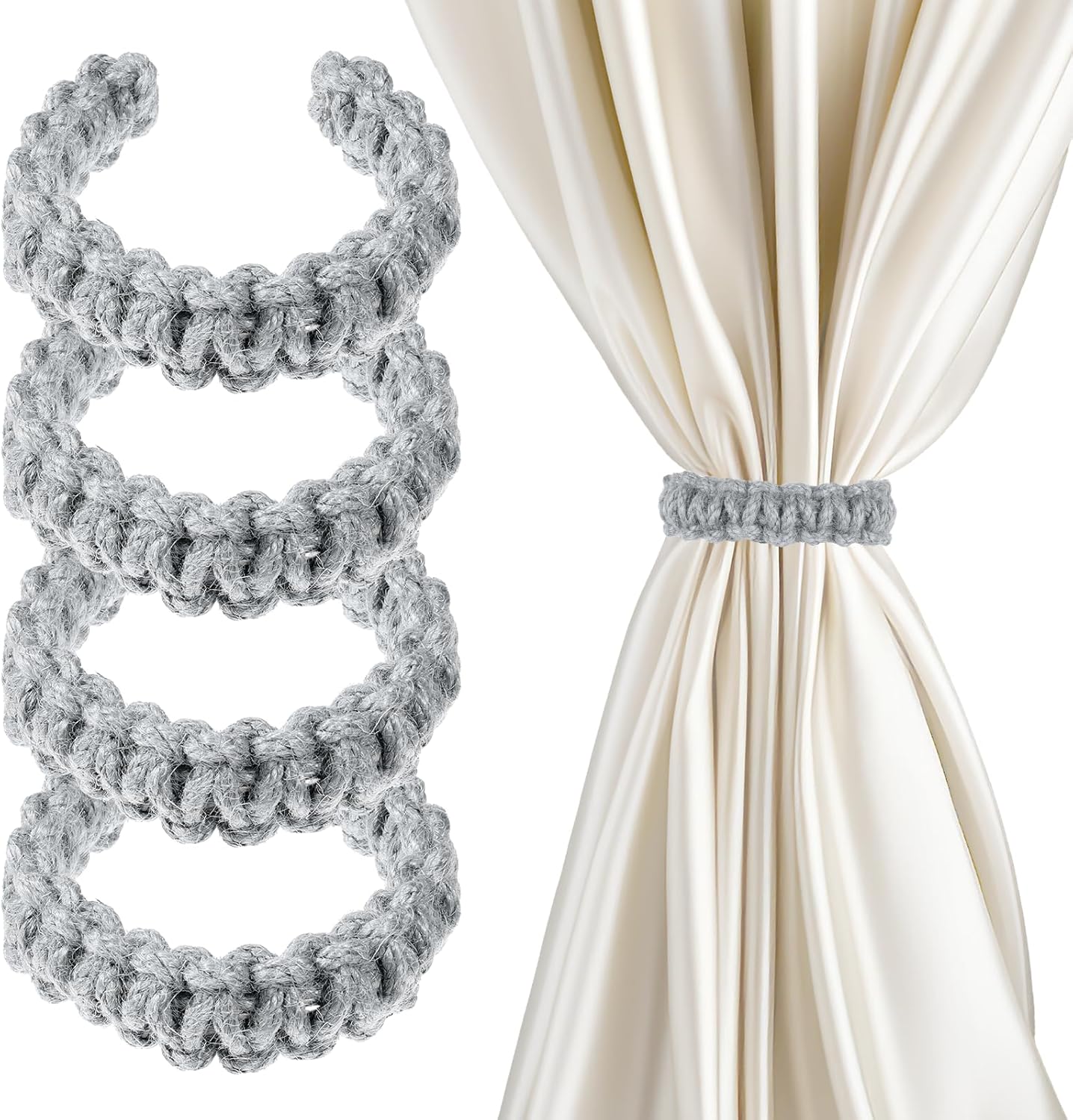 4 Pack Braided Curtain Tiebacks Boho Elegant Rustic Curtain Holdbacks Tie Backs Holders Set Simple Light Weight Drapes Decorative Accessories Handmade for Home Office Bedroom Window 4, Grey