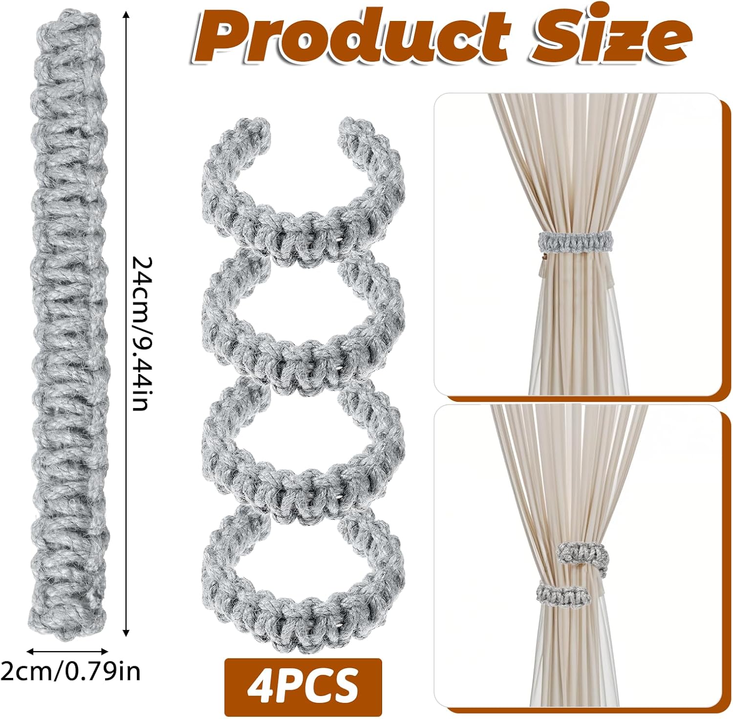 4 Pack Braided Curtain Tiebacks Boho Elegant Rustic Curtain Holdbacks Tie Backs Holders Set Simple Light Weight Drapes Decorative Accessories Handmade for Home Office Bedroom Window 4, Grey