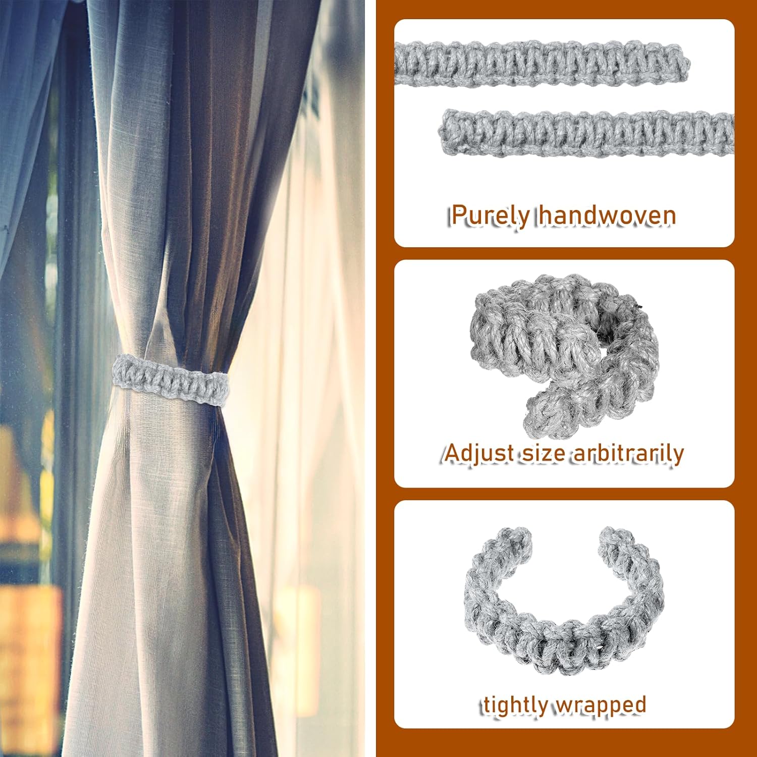4 Pack Braided Curtain Tiebacks Boho Elegant Rustic Curtain Holdbacks Tie Backs Holders Set Simple Light Weight Drapes Decorative Accessories Handmade for Home Office Bedroom Window 4, Grey