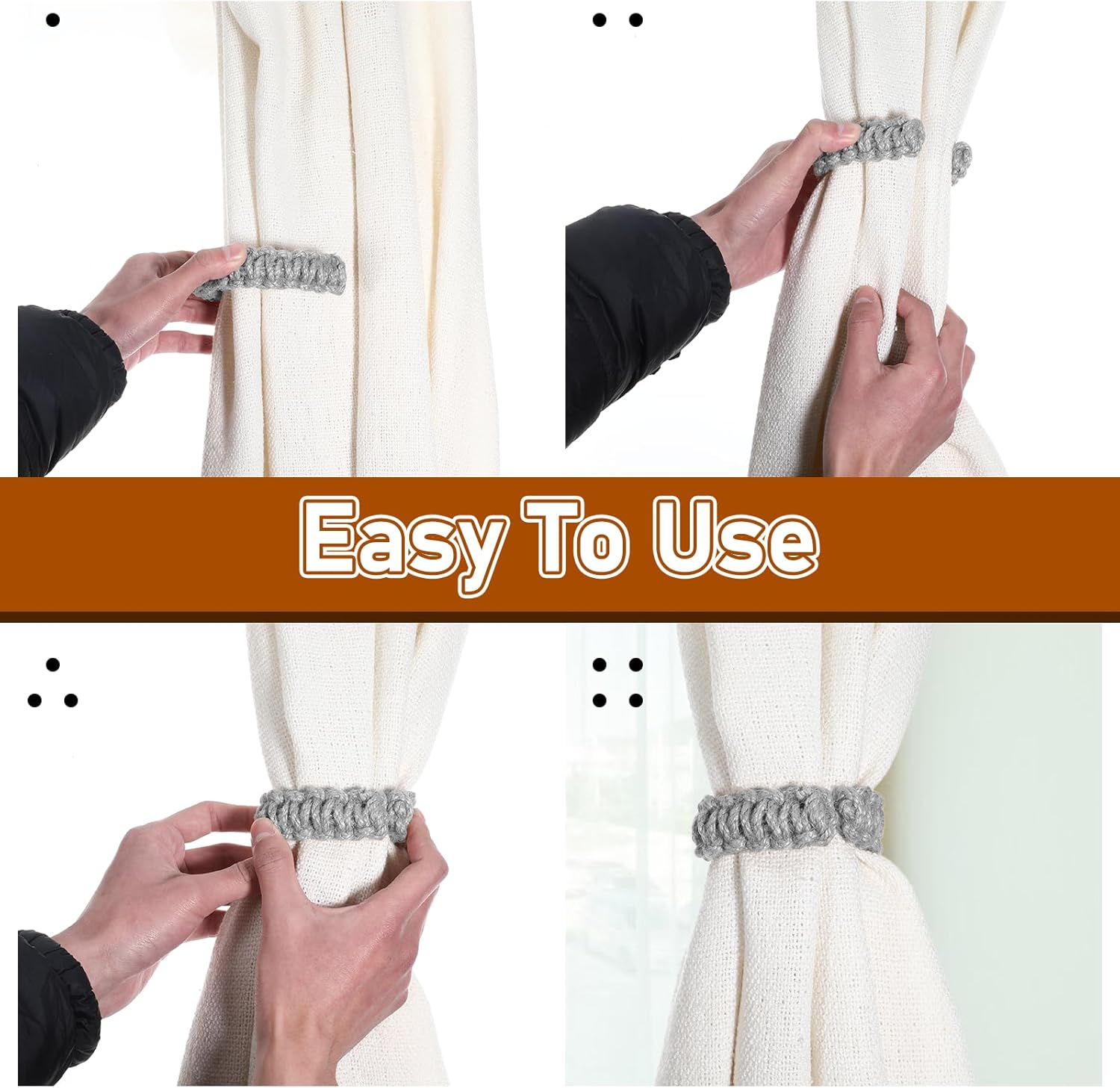 4 Pack Braided Curtain Tiebacks Boho Elegant Rustic Curtain Holdbacks Tie Backs Holders Set Simple Light Weight Drapes Decorative Accessories Handmade for Home Office Bedroom Window 4, Grey
