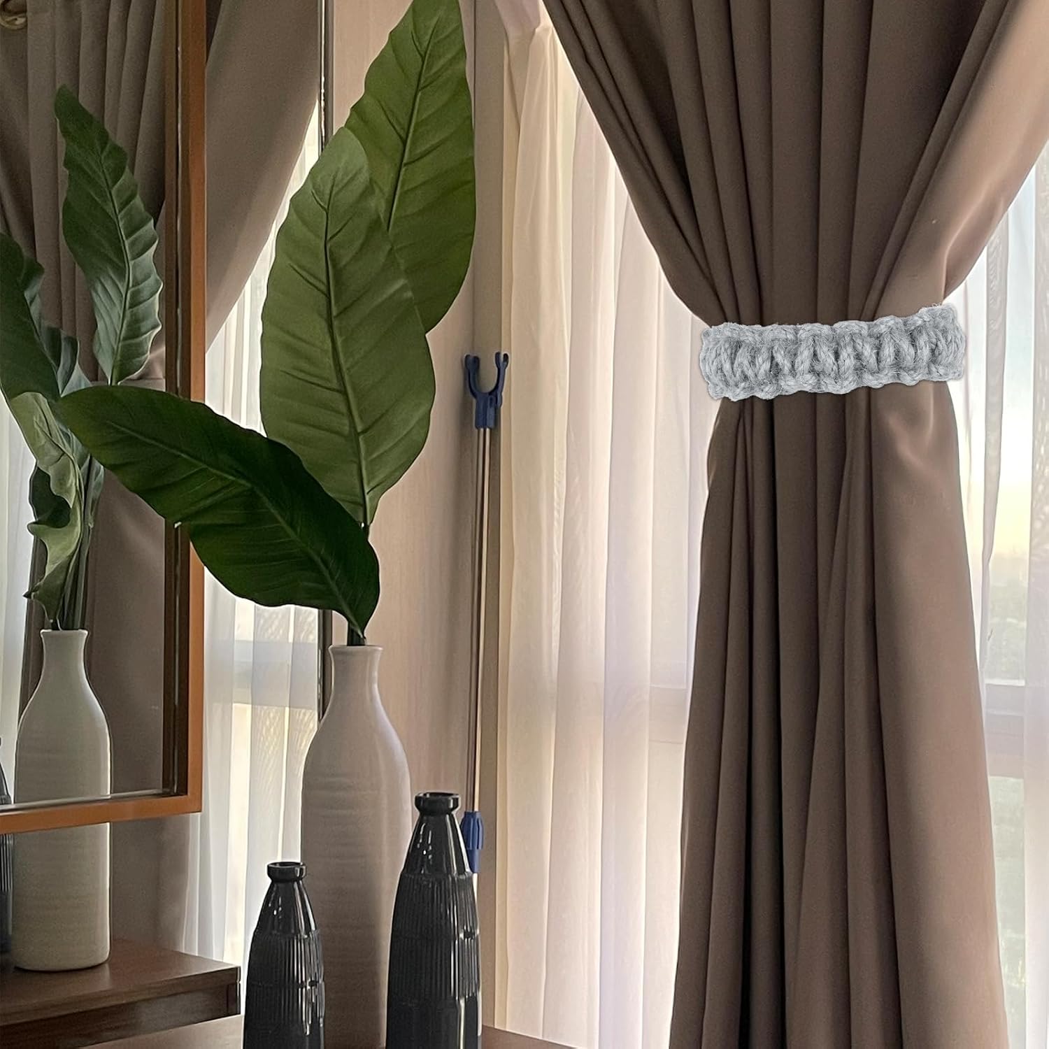4 Pack Braided Curtain Tiebacks Boho Elegant Rustic Curtain Holdbacks Tie Backs Holders Set Simple Light Weight Drapes Decorative Accessories Handmade for Home Office Bedroom Window 4, Grey