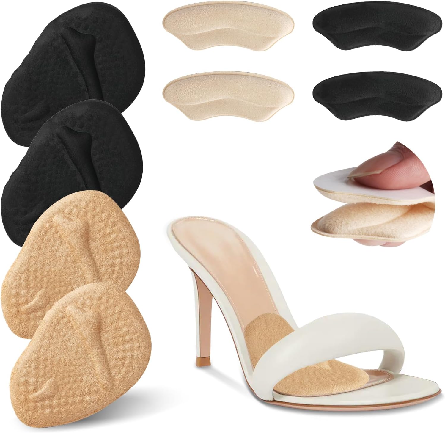 4 Pairs Metatarsal Pads Women & 4 Pairs Ball of Foot Cushions,Non-Sliding Insole Pads for Open Toe,Heel Pads Inserts for Too Big Shoe Beige+Black