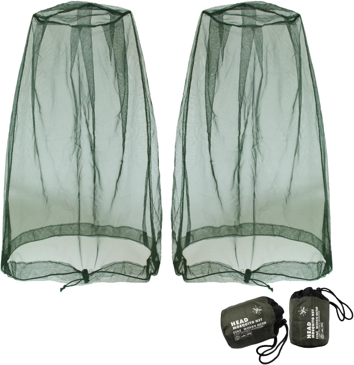 Mosquito Head Net Mesh, Face Neck Fly Netting Hood from Bugs Gnats Noseeums Screen Net for Any Outdoor Lover- with Carry Bags Fits Most Sizes of Hats Caps 2pcs, Olive, Updated Big Net