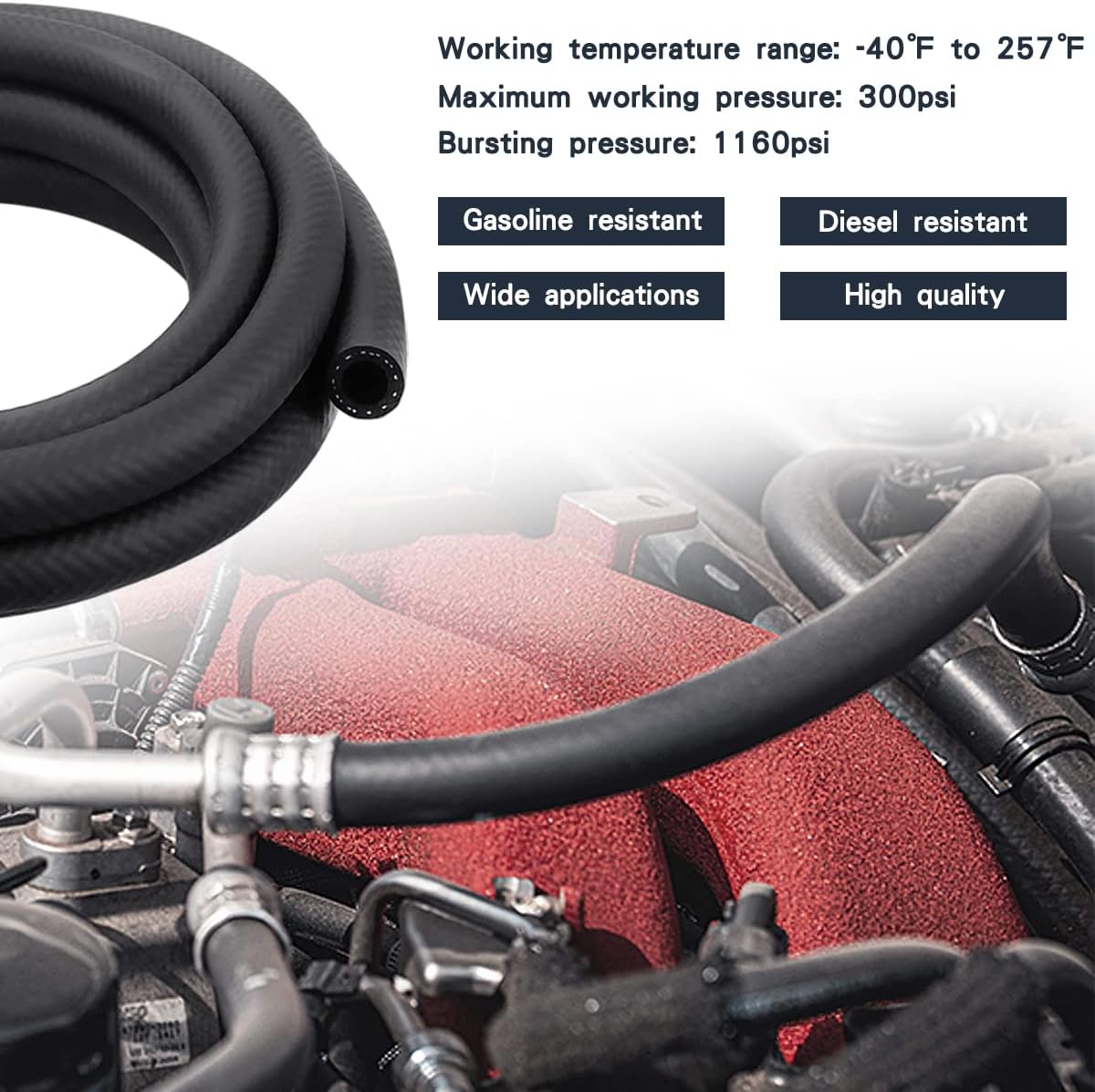 1/4 Inch ID NBR Rubber Hose, 10 Feet Fuel Hose Line Transfer Hose for Small Engine Black