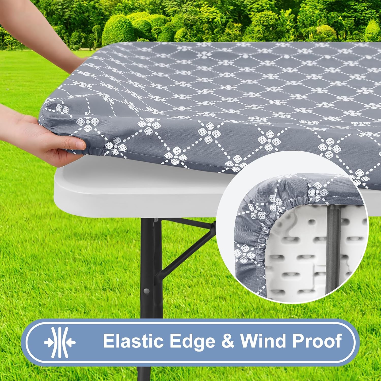 Rectangle Vinyl Table Cloth, Elastic Fitted Tablecloth with Flannel Backing, Waterproof Plastic Table Cover Fits 6 Foot Folding Tables for Easter, Camping, Indoor and Outdoor Grey, 30" x 72"