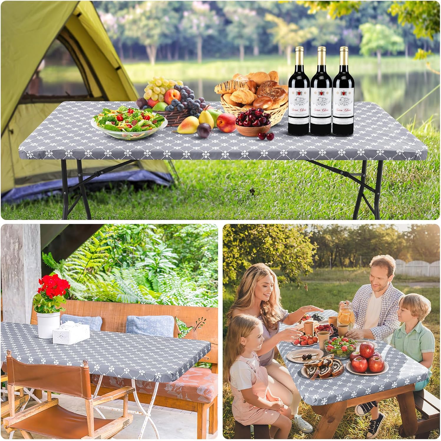Rectangle Vinyl Table Cloth, Elastic Fitted Tablecloth with Flannel Backing, Waterproof Plastic Table Cover Fits 6 Foot Folding Tables for Easter, Camping, Indoor and Outdoor Grey, 30" x 72"
