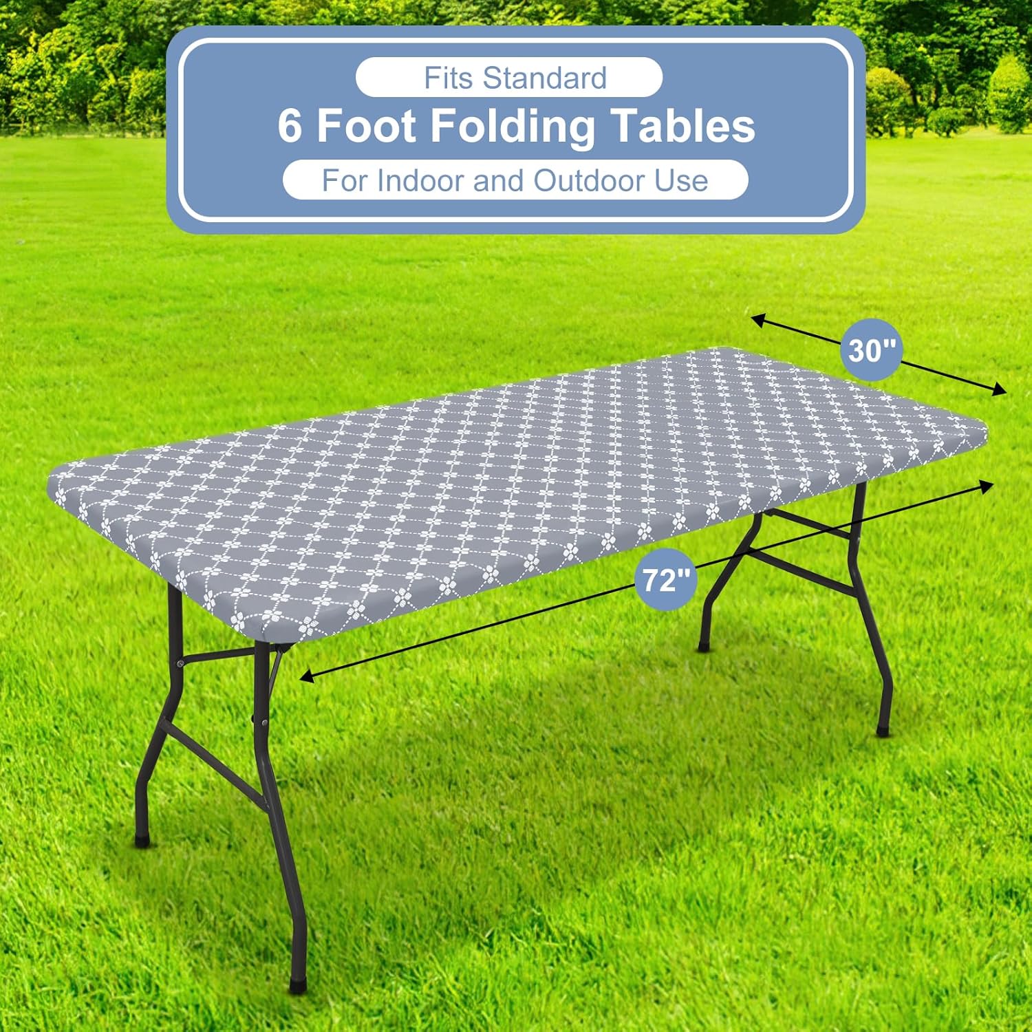 Rectangle Vinyl Table Cloth, Elastic Fitted Tablecloth with Flannel Backing, Waterproof Plastic Table Cover Fits 6 Foot Folding Tables for Easter, Camping, Indoor and Outdoor Grey, 30" x 72"