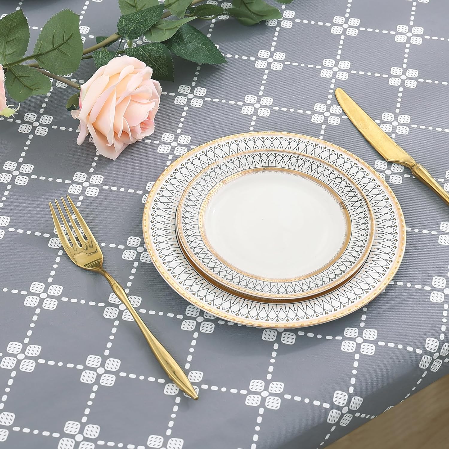 Rectangle Vinyl Table Cloth, Elastic Fitted Tablecloth with Flannel Backing, Waterproof Plastic Table Cover Fits 6 Foot Folding Tables for Easter, Camping, Indoor and Outdoor Grey, 30" x 72"