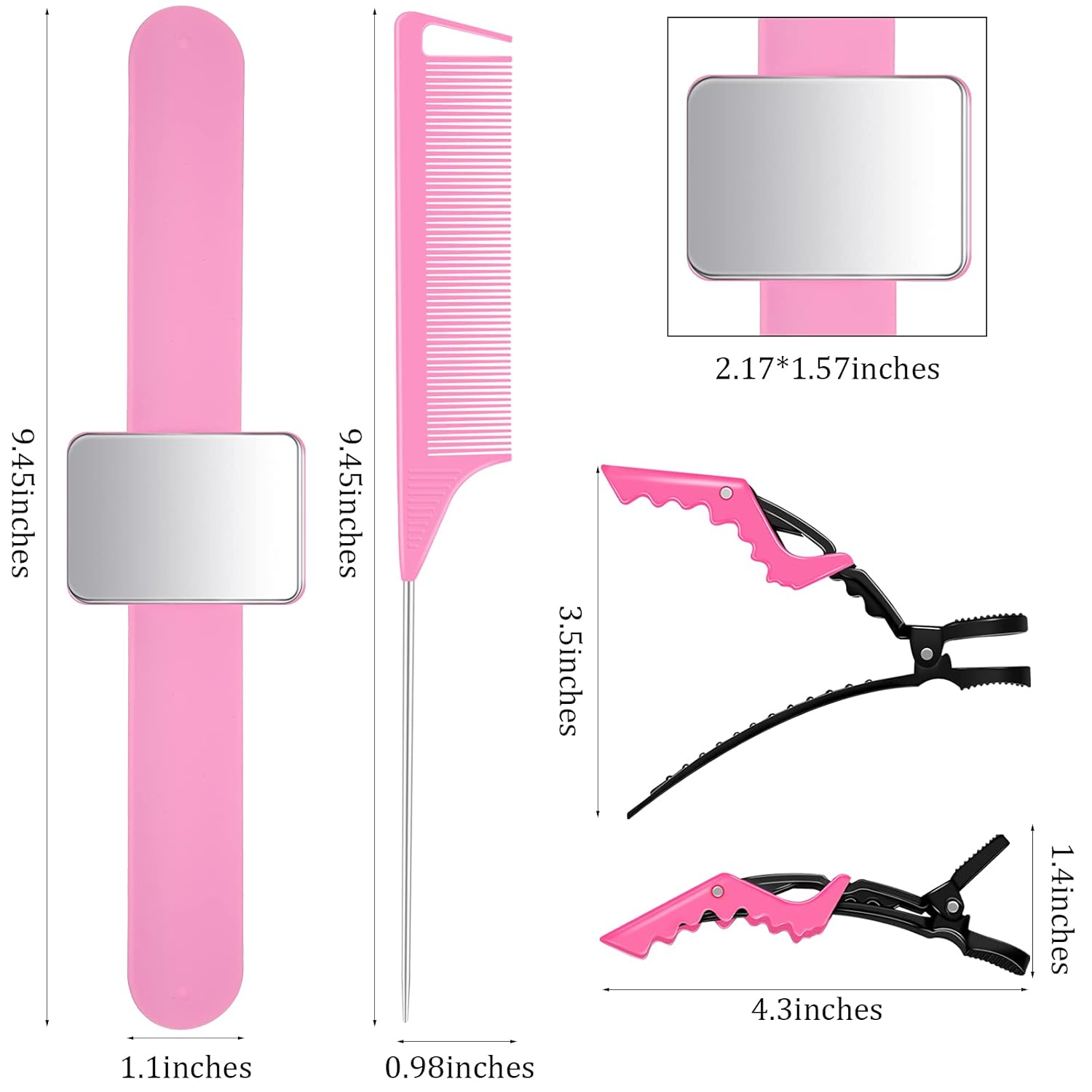10 Pcs Hair Styling Tools Set Magnetic Gel & Silicone Wristband for Stylists and Braiders, Wrist Strap, 3 Rat Tail Combs and 6 Plastic Clips Pink Wrist Strap