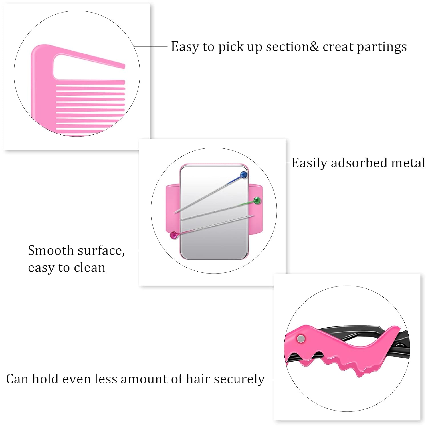 10 Pcs Hair Styling Tools Set Magnetic Gel & Silicone Wristband for Stylists and Braiders, Wrist Strap, 3 Rat Tail Combs and 6 Plastic Clips Pink Wrist Strap